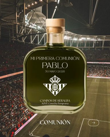 Botella de aceite personalizada para comunión con escudo del Real Betis