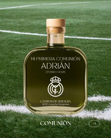 Botella de AOVE personalizada para comunión con escudo del Real Madrid
