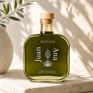 Botella de aceite personalizada para boda con la pita de Almería